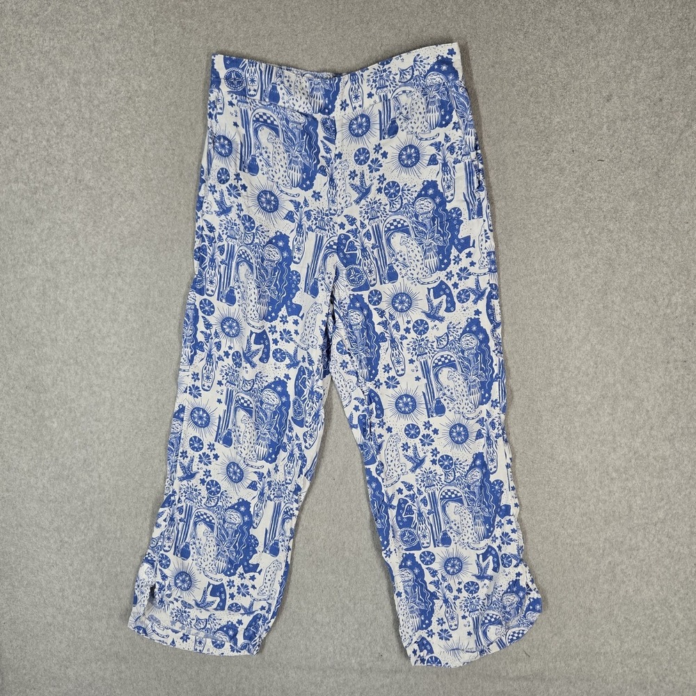 Cynthia Rowley Women Pants M Blue Celestial Leopard Wide Leg Linen Blend Boho